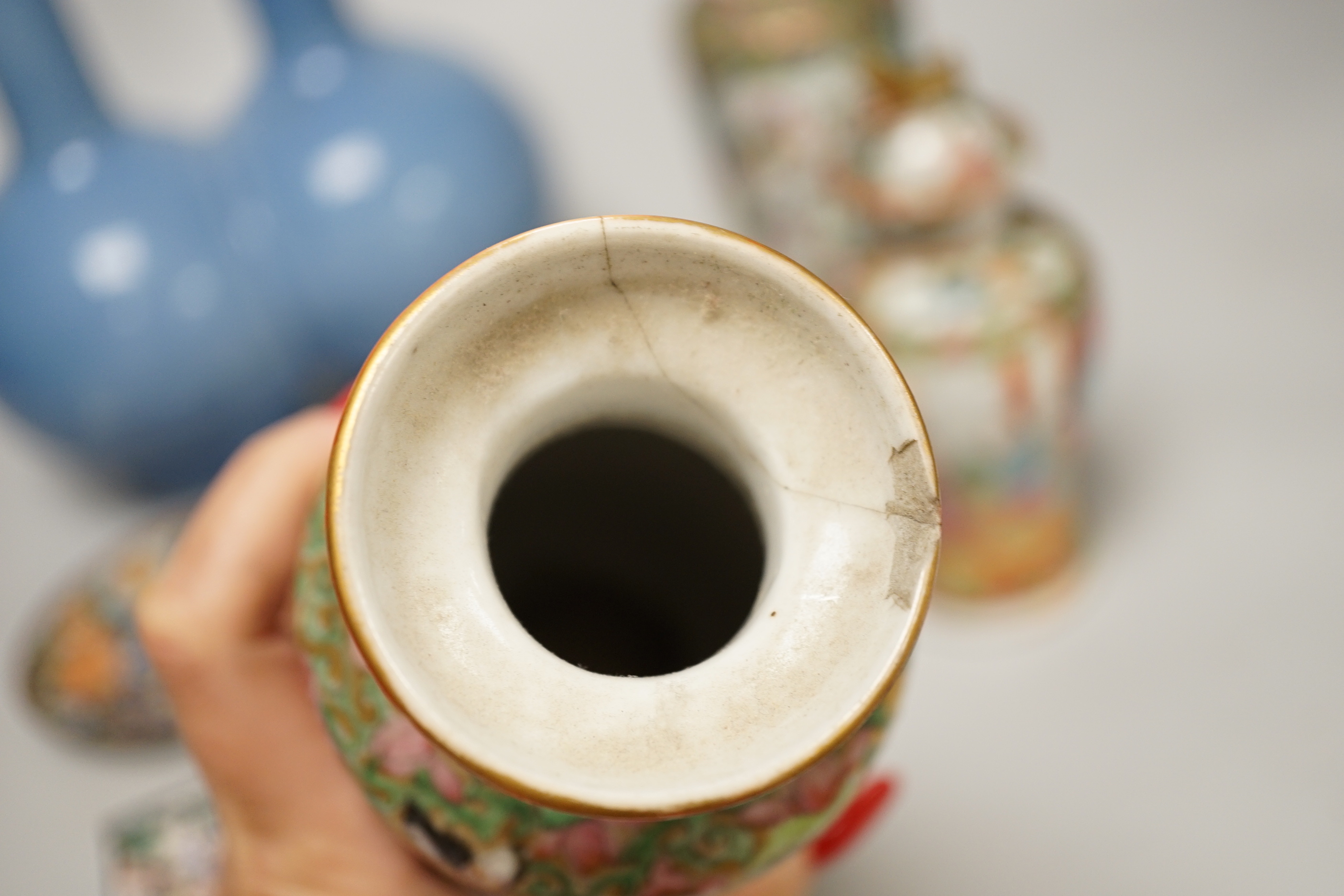 Chinese ceramics including a pair of Canton vases, baluster jar and cover and enamelled matchbox holder, the largest 24cm high